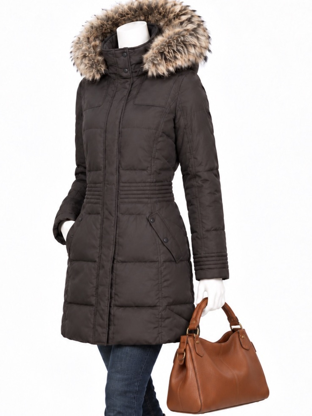 ESPRIT Vintage 80s/90s Goose Down Puffer Coat Brown | Faux Fur Hood | Women's 10